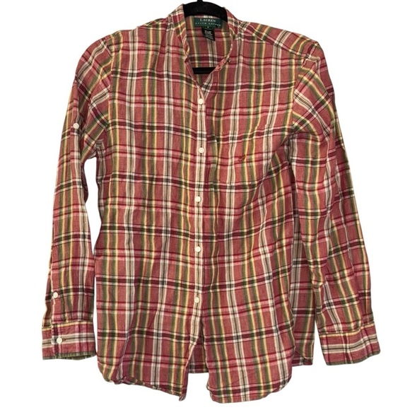 Lauren Ralph Lauren Tops - Lauren Ralph Lauren 100% Linen Plaid Collarless Button Down Blouse Women’s S